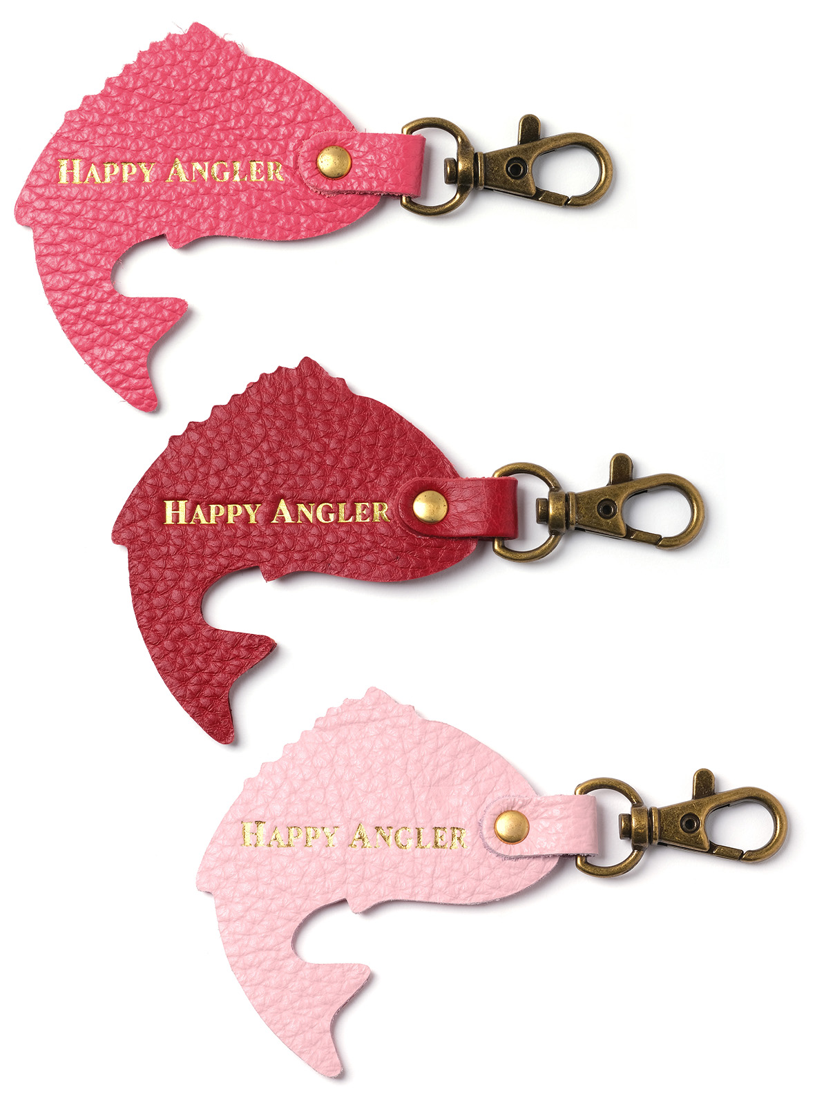 「HAPPY ANGLER リアル魚皮キーホルダー」の「シェイプ：跳ねるマダイ」の裏面の写真。「HAPPY ANGLER」の文字が刻印されている。