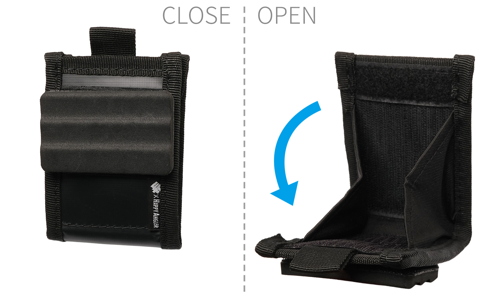 「34 × HAPPY ANGLER ダストポーチ２Plus」の写真。開口部が閉じている状態と、開いている状態。