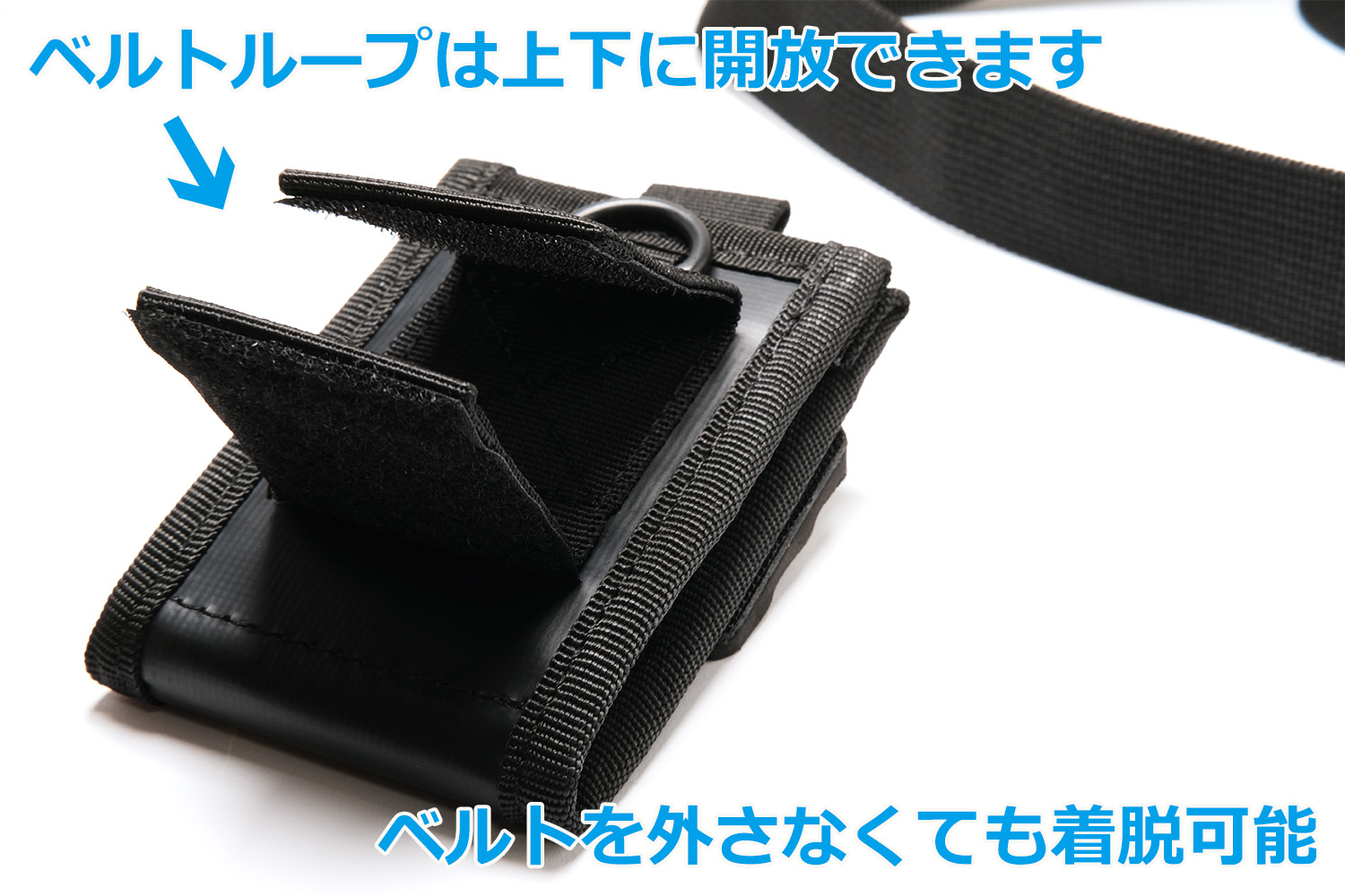 「34 × HAPPY ANGLER ダストポーチ２Plus」の写真。背面のベルトループが上下に分離開放されている様子。
