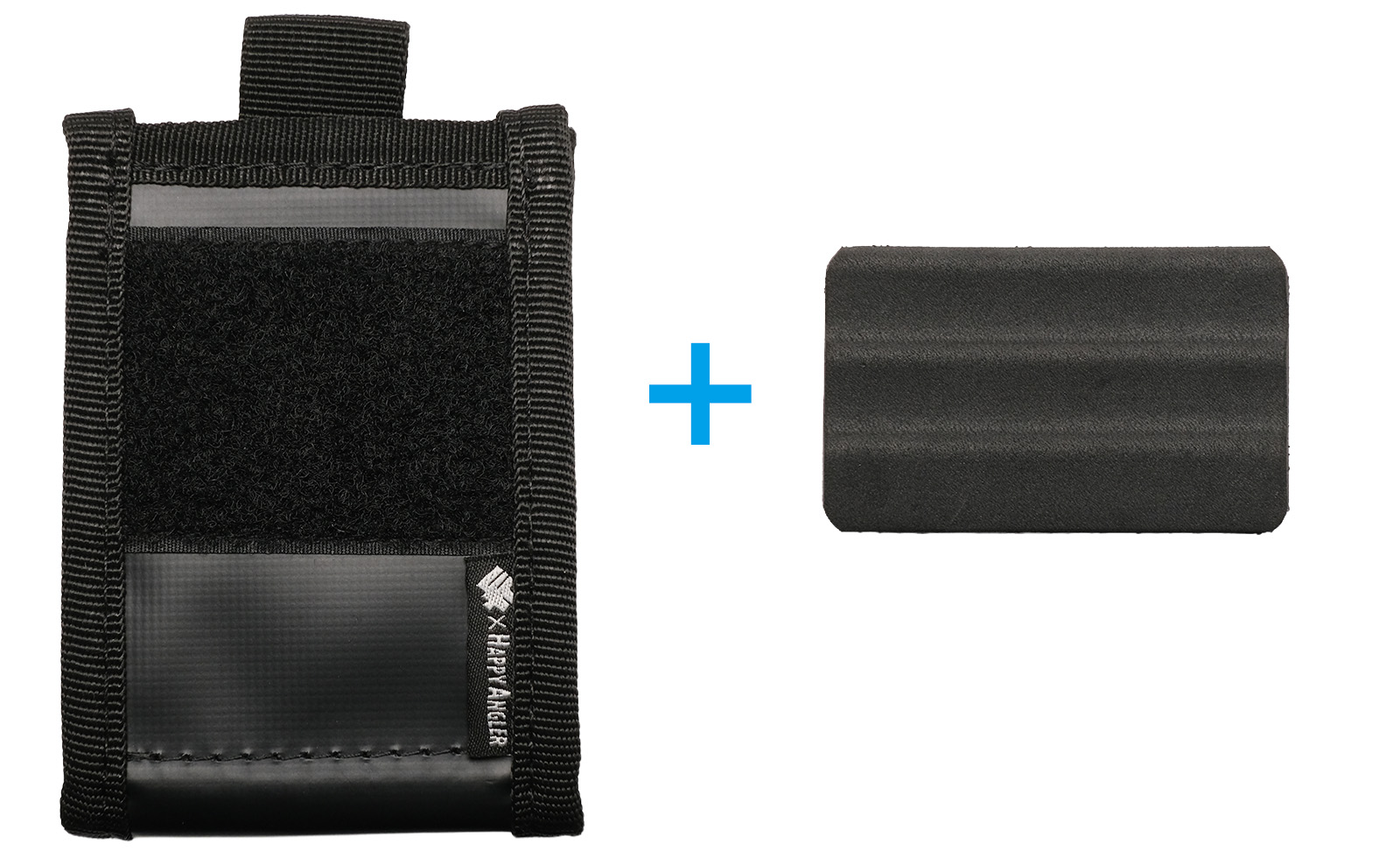 「34 × HAPPY ANGLER ダストポーチ２Plus」の写真。ダストポーチ本体と、付属品のフォームパッチを並べた様子。