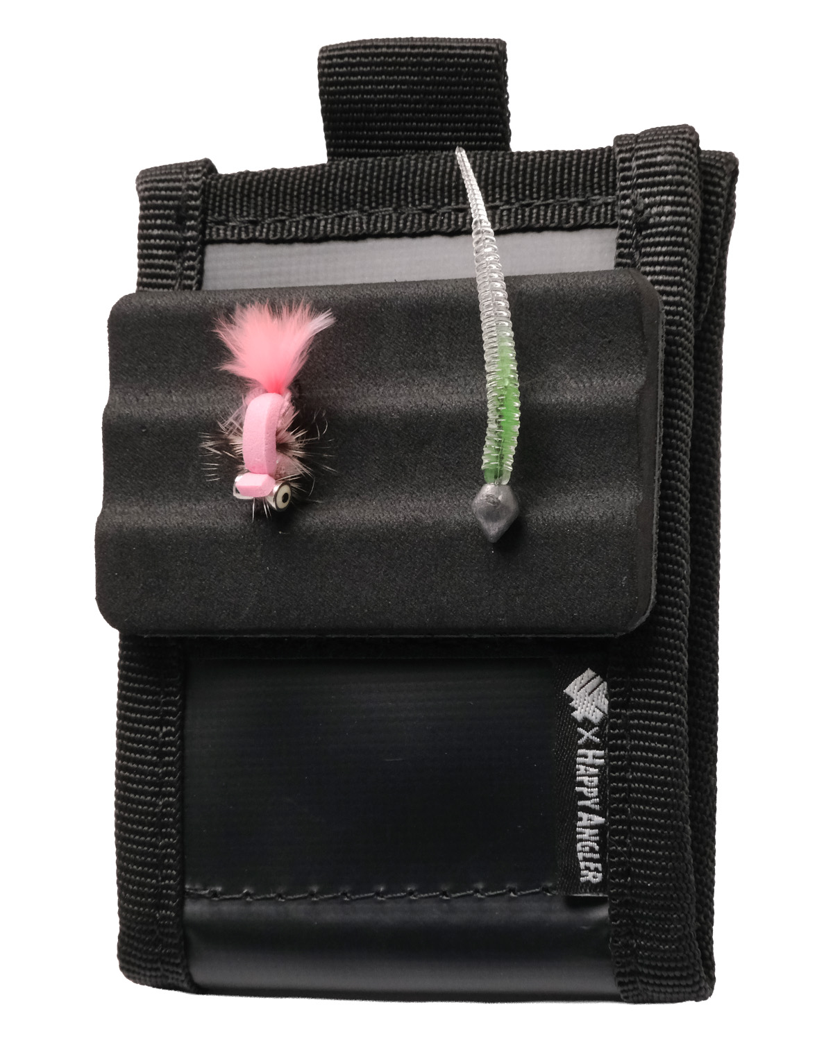 「34 × HAPPY ANGLER ダストポーチ２Plus」の写真。参考用に、前面のフォームパッチに「ジグヘッド＆ワーム」、「フェザージグ」がセットされている様子。